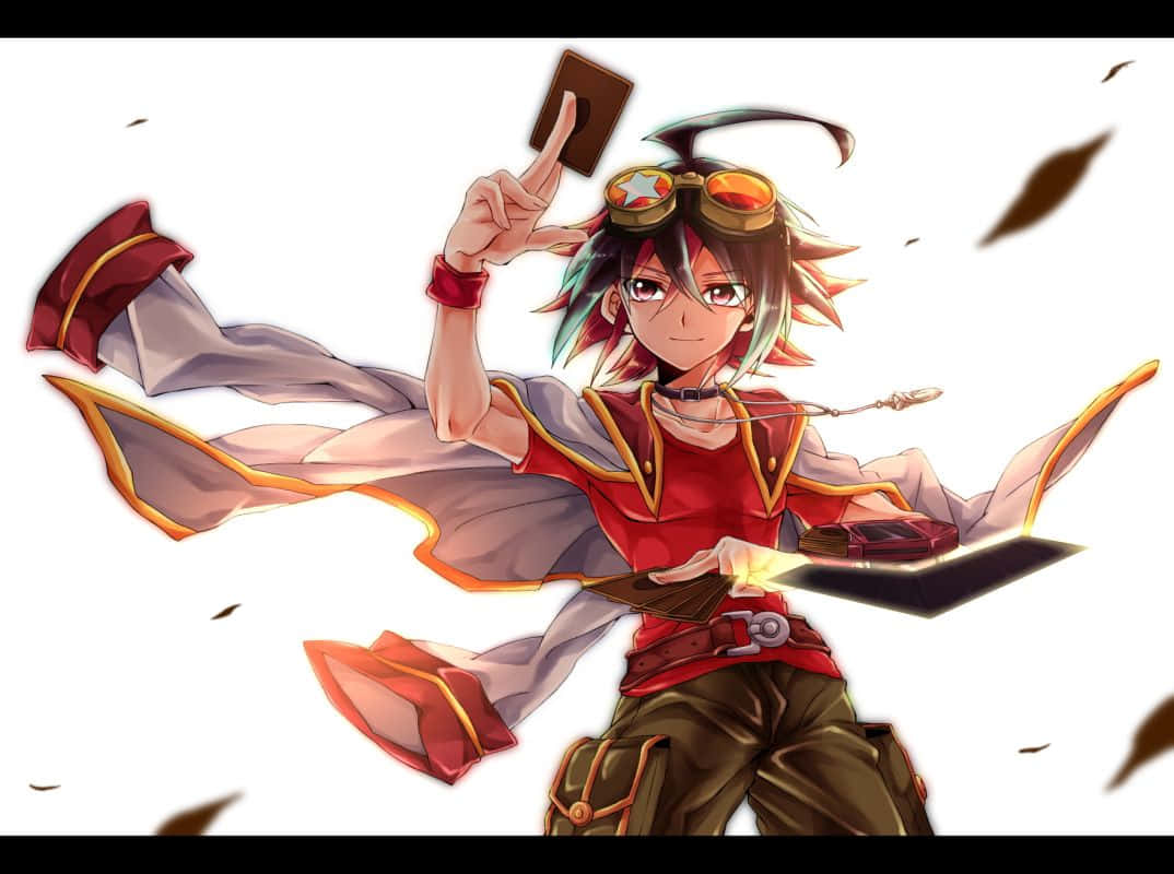 Yuya Sakaki 桌布 壁紙 — 動畫男孩戴著護目鏡和紅色服裝，在空中拿著發光的卡片，樹葉在他周圍旋轉。