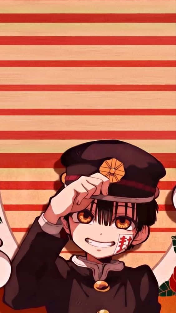 花子君 桌布 壁紙 — 動畫男孩穿著深色制服，在紅色和米色條紋背景前愉快地敬禮。