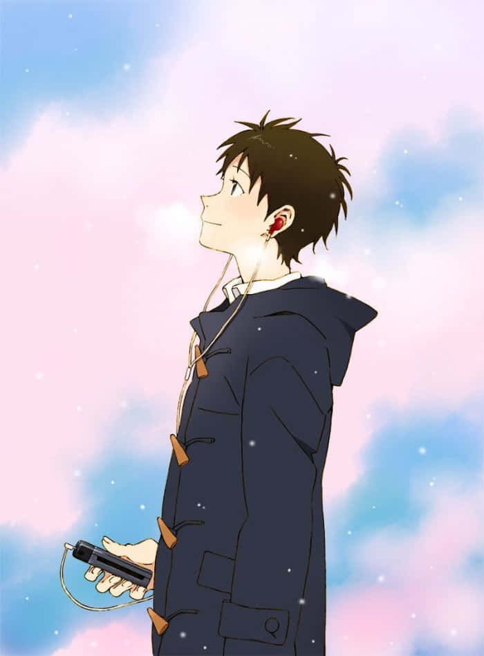 Shinji Ikari 桌布 壁紙 — 動畫男孩穿著深色外套，在粉彩天空下聽著音樂，周圍有漂浮的星星和柔軟的雲朵。