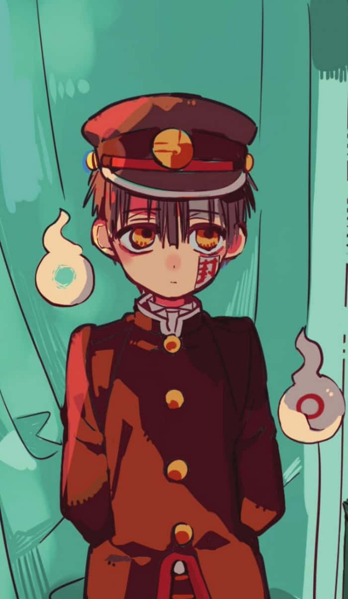 Hanako Kun 桌布 壁紙 — 動畫男孩穿著紅色制服和帽子，旁邊有發光的靈球，背景是青綠色。