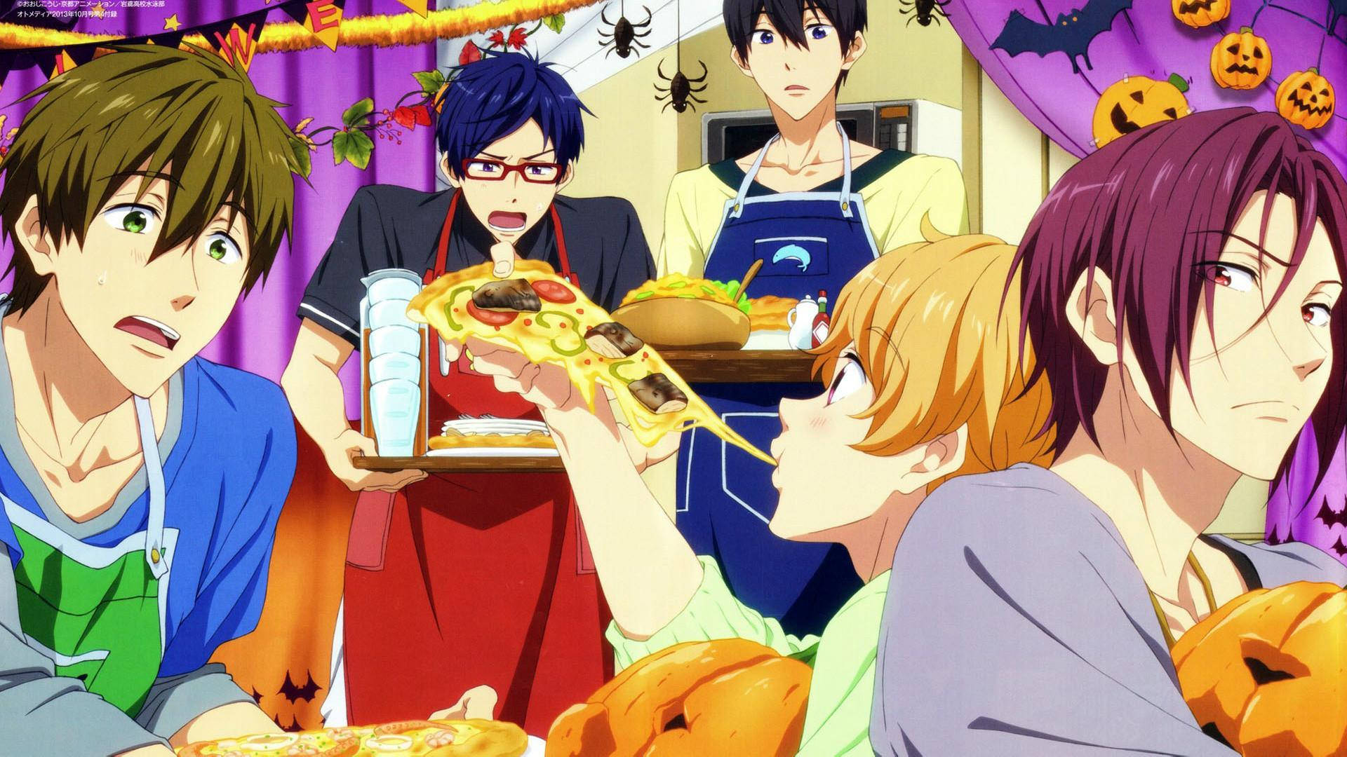 Thanksgiving Aesthetic 桌布 壁紙 — 動畫男孩穿著萬聖節服裝，圍著一張擺滿薄餅和小食的桌子，在節日裝飾下聚會。