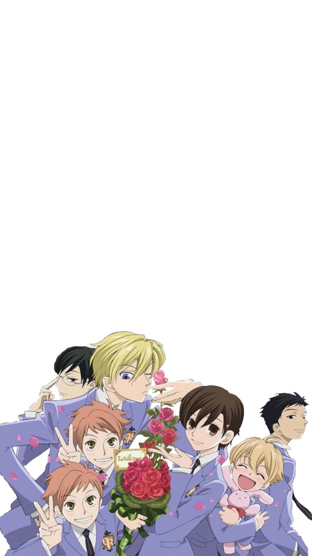 ouran high school host club 桌布 壁紙 — 動畫男孩穿著藍色校服，在白色背景前開心地拿著玫瑰和毛絨玩具擺姿勢。