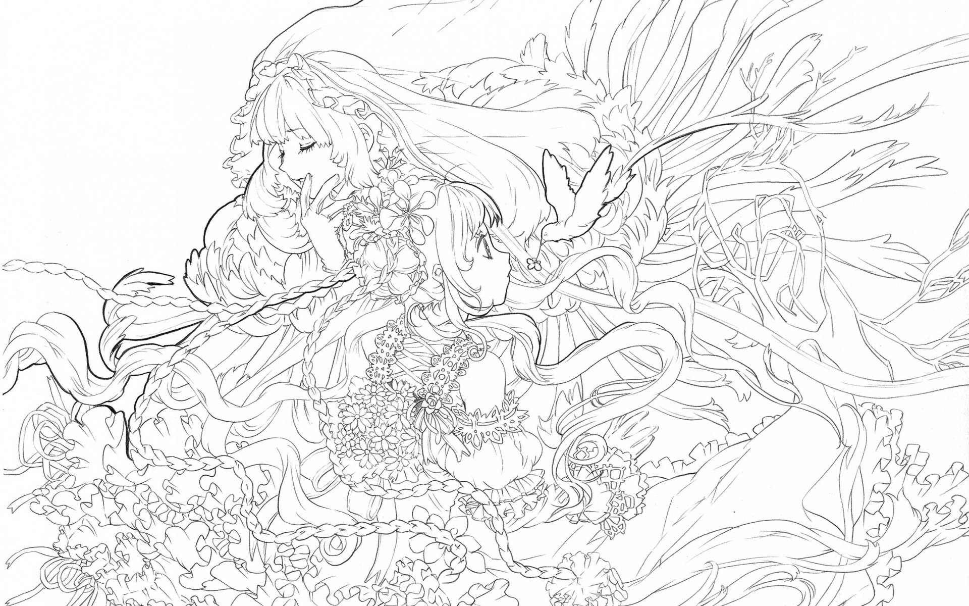 長髮和花卉裝飾的動漫女孩，被藤蔓和鳥類環繞的黑白線條藝術。