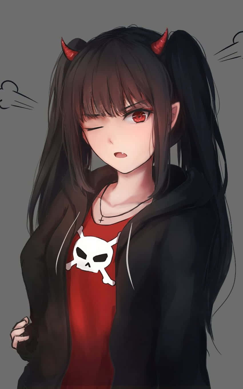 動漫女孩有紅色角和一個紅色眼睛，穿著骷髏衫在連帽衫下眨眼。