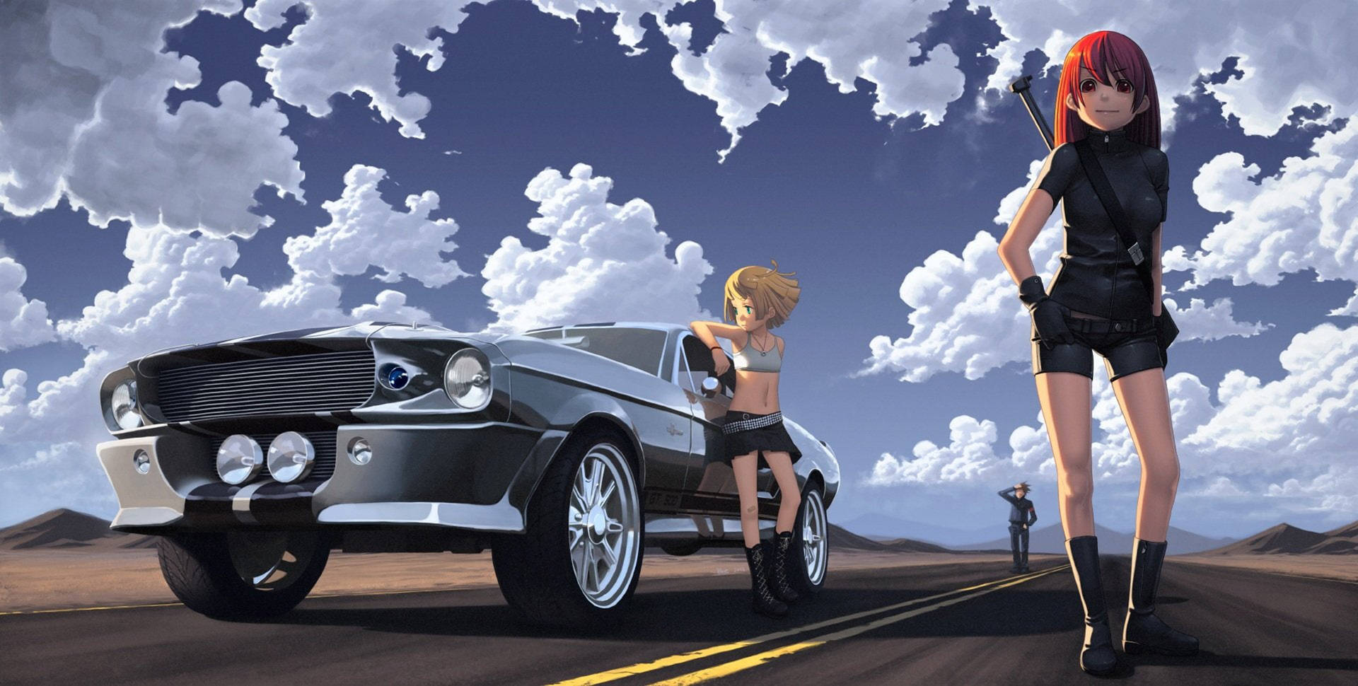 兩個動漫女孩與一輛銀色肌肉車在沙漠公路上，天空多雲。