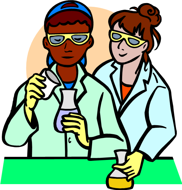 動畫科學家進行實驗 壁紙 — 兩位身穿實驗袍和護目鏡的科學家正在綠色實驗枱上混合燒瓶中的化學物質。