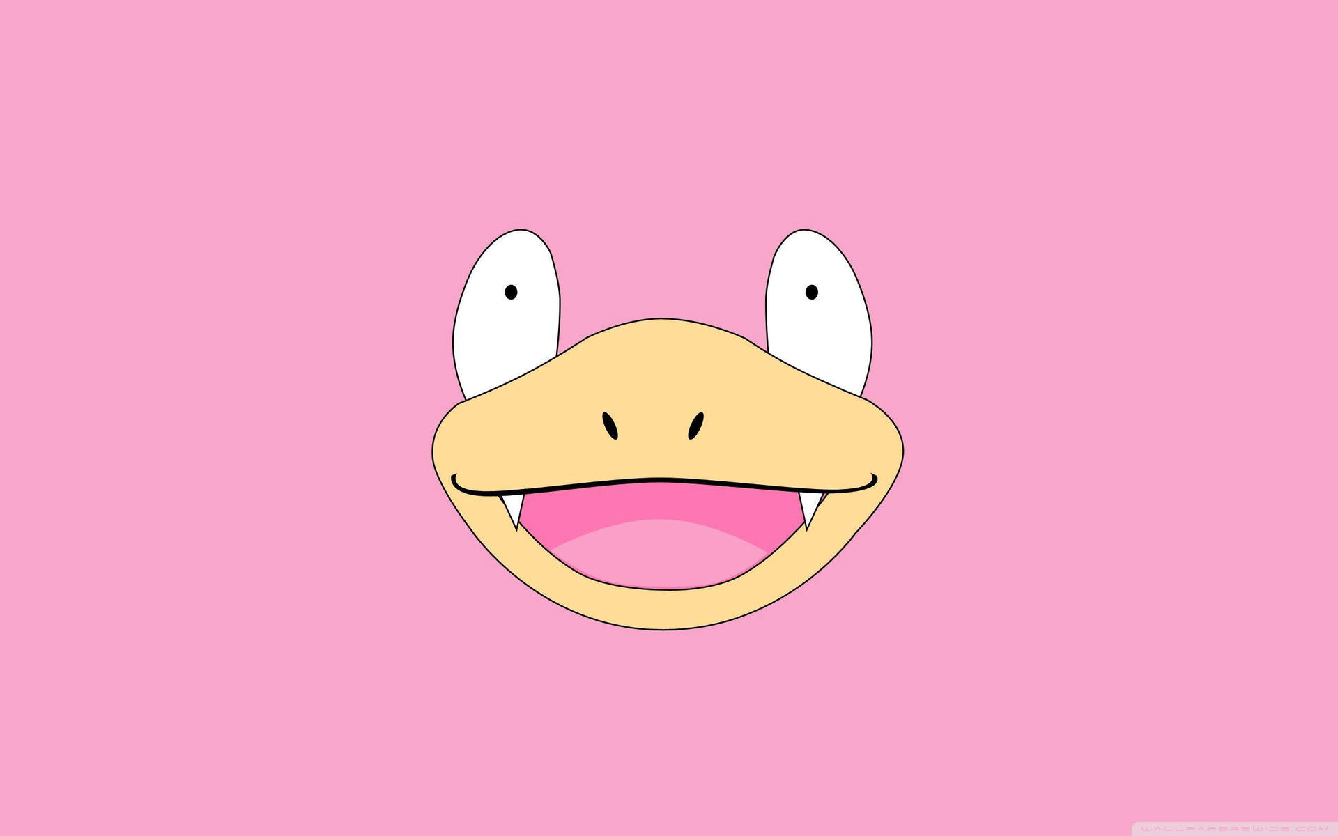 動畫系列寶可夢 Slowpoke 壁紙 — 一個快樂的卡通青蛙臉，有大眼睛和燦爛的笑容，在純粉紅色背景上。