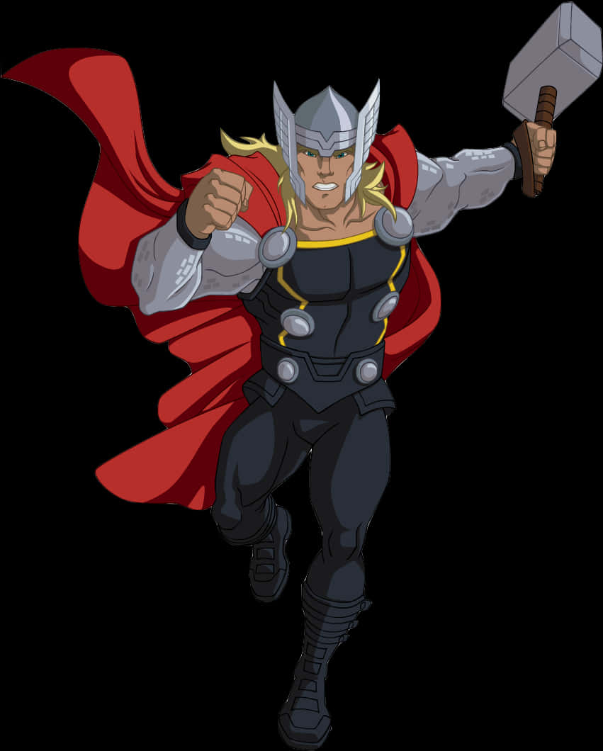 動畫索爾手持妙爾尼爾 壁紙 — Thor 身穿全套盔甲，披著紅色斗篷，手持錘子，在黑色背景前向前飛翔。