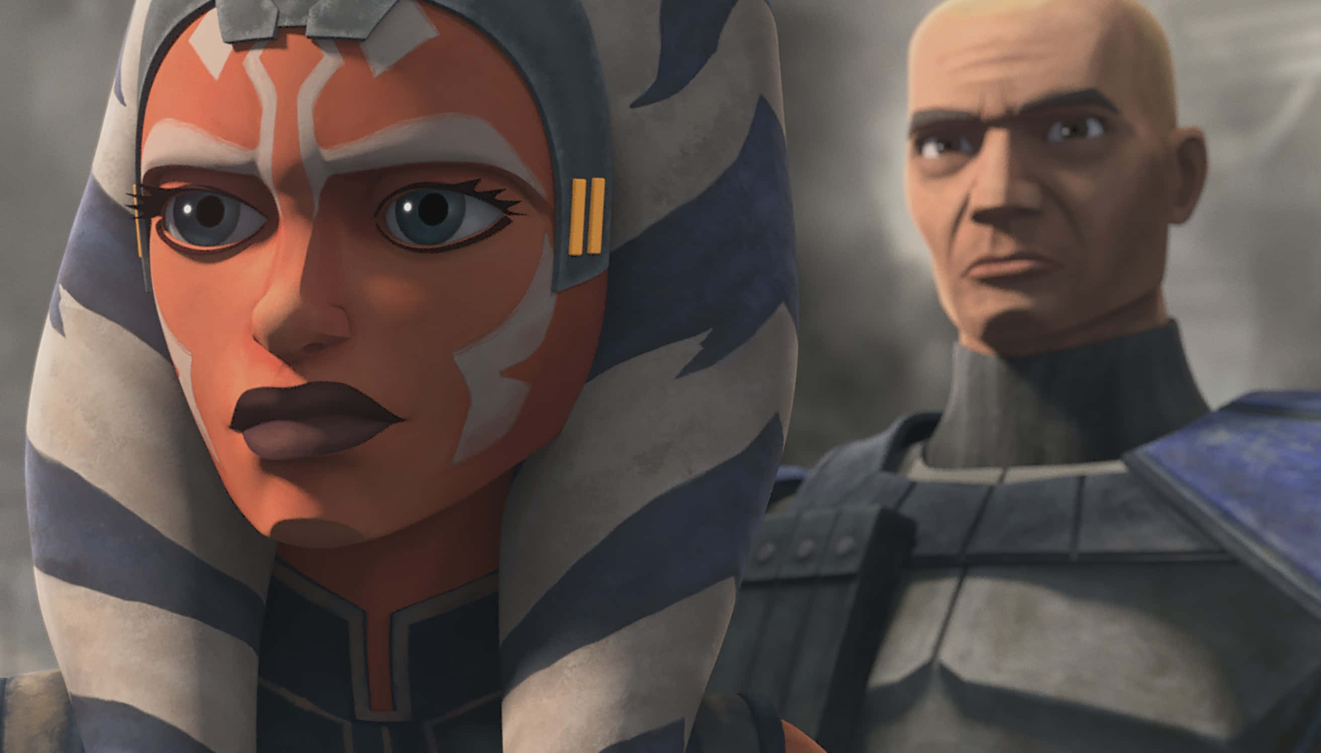 The Order 66 桌布 壁紙 — 動畫絕地學徒阿索卡·塔諾的近照，藍眼睛，條紋頭巾，旁邊是一個表情嚴肅的裝甲男子，背景煙霧瀰漫。