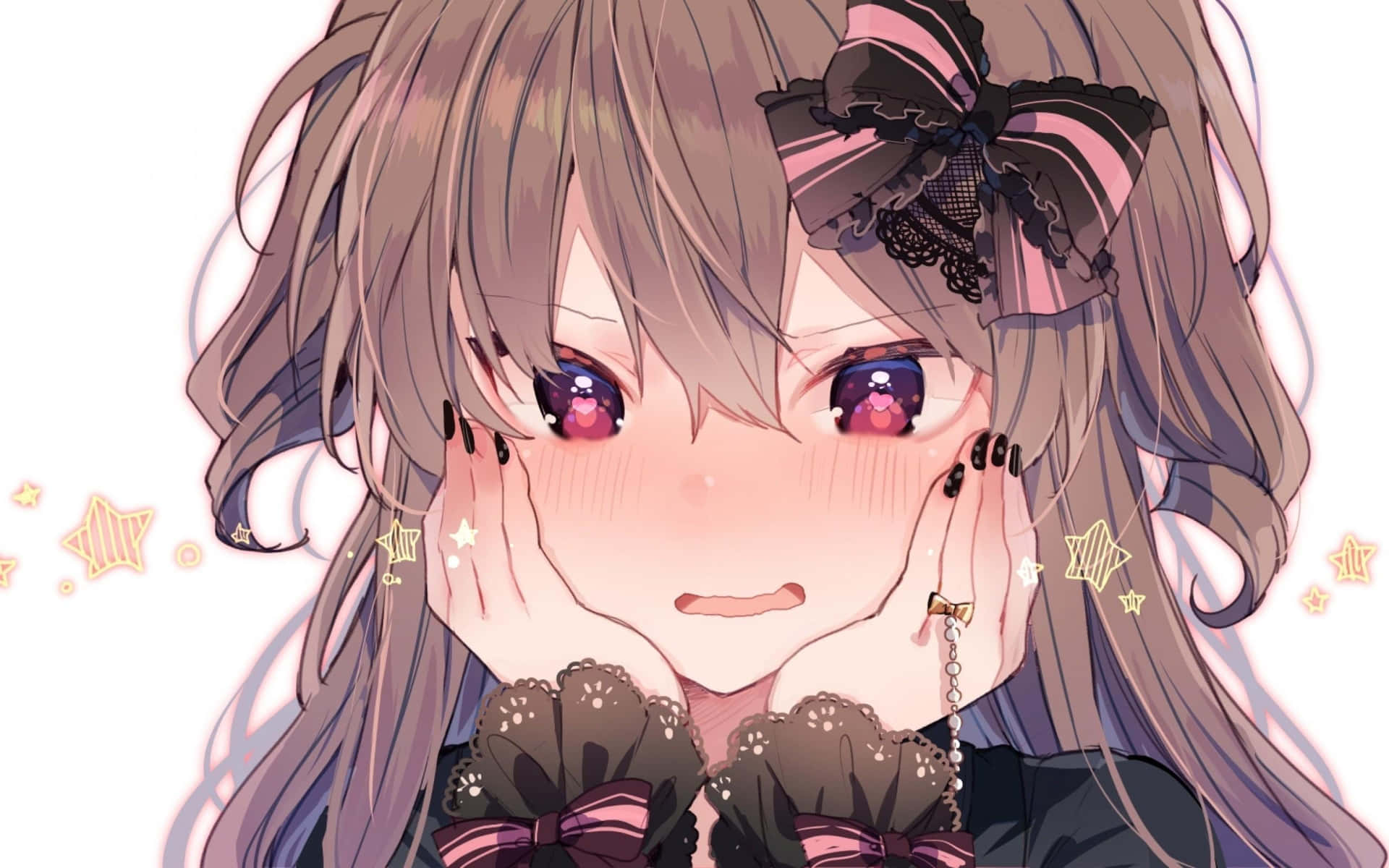 動畫絲帶女孩頭像 壁紙 — 一個開心的動漫女孩，紫色眼睛，棕色頭髮，戴著黑色蕾絲蝴蝶結，微笑著捧著臉頰。