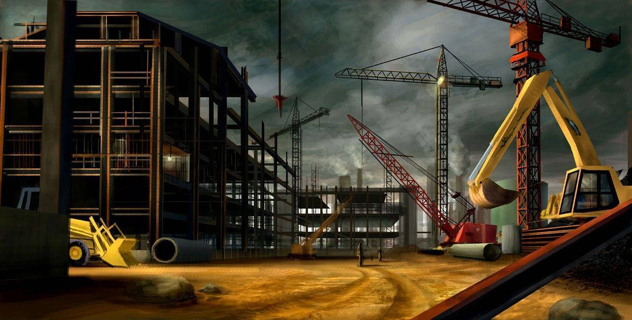暴風雨天空下黃昏的建築工地，有起重機、挖掘機和骨架建築