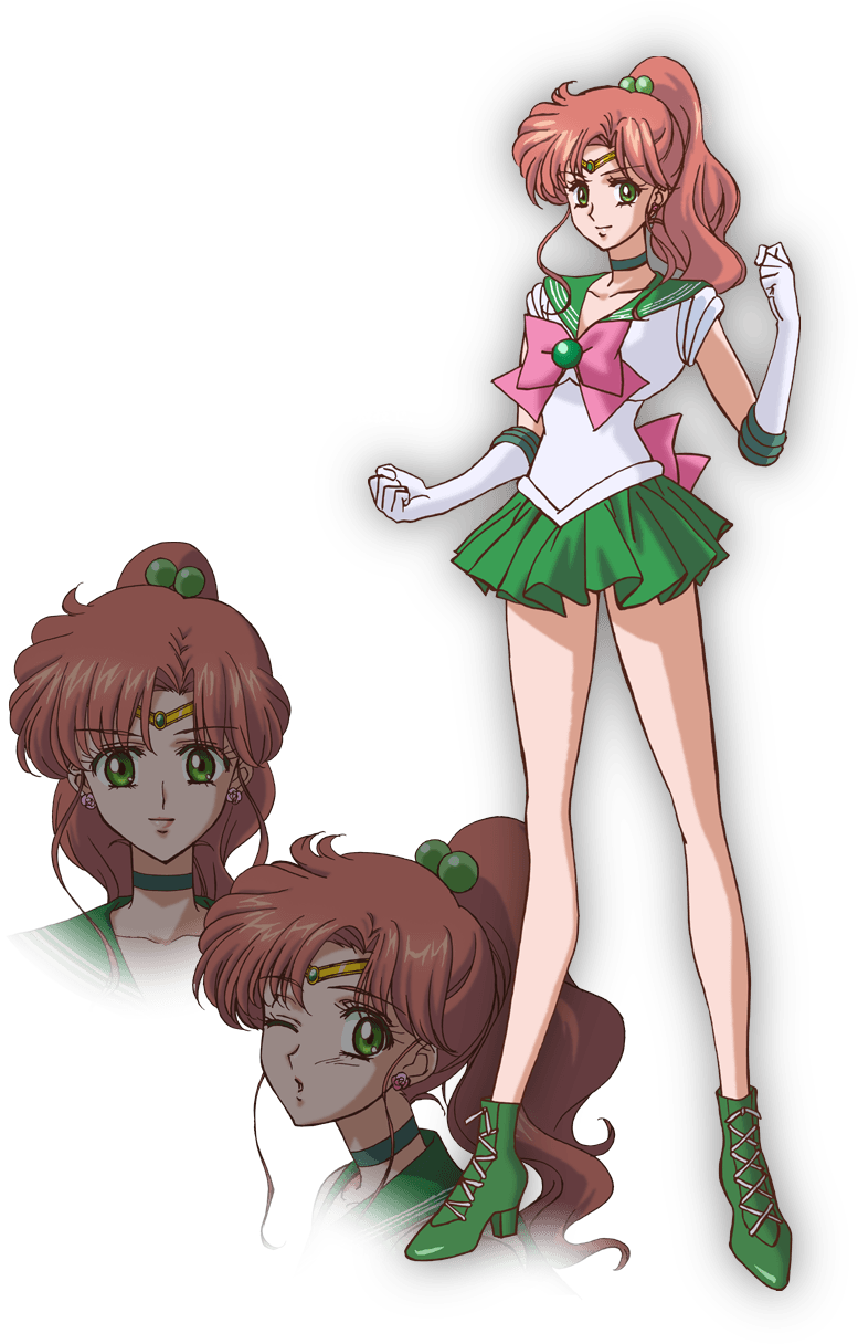 動畫美少女戰士角色 壁紙 — 動畫角色 Sailor Jupiter 自信地站在黑色背景前，身穿綠色和白色制服，繫著粉紅色蝴蝶結。