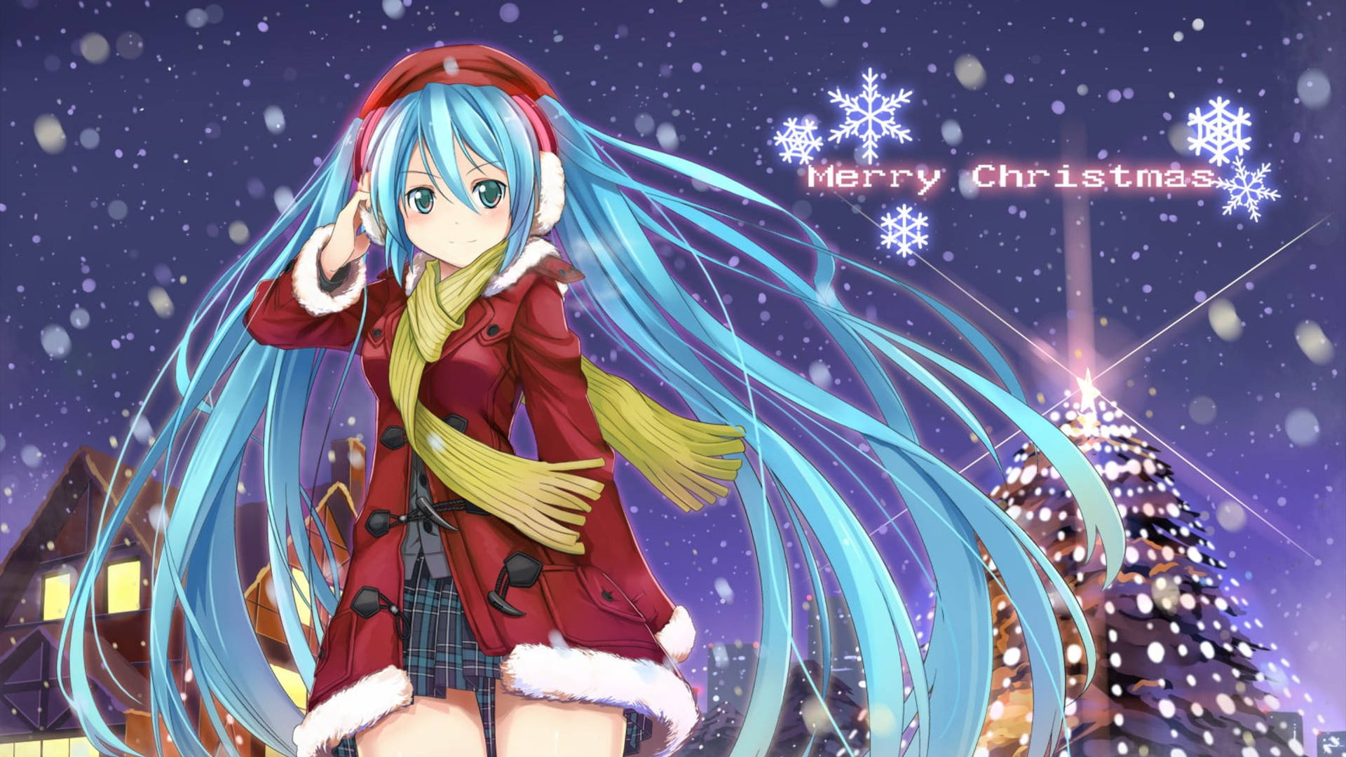穿著冬季外套的動畫女孩在飄雪中微笑地站在點亮的聖誕樹旁。