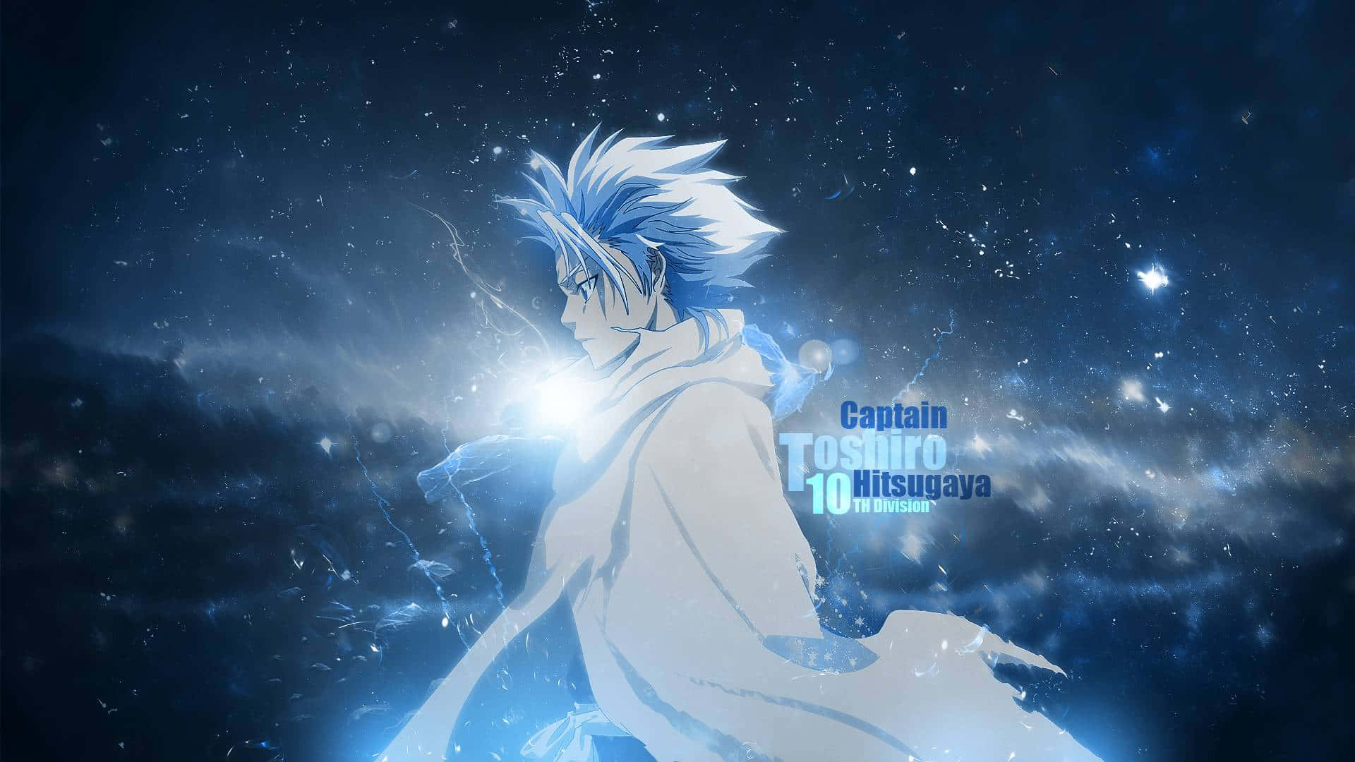 Toshiro Hitsugaya 桌布 壁紙 — 動畫船長，藍色尖刺頭髮，在宇宙風暴中揮舞發光劍，星空下。