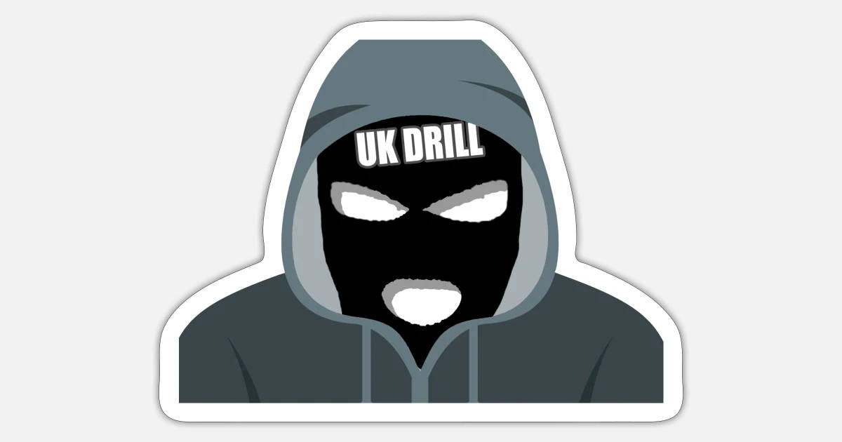一個戴著黑色巴拉克拉法帽和「UK DRILL」文字的連帽人物貼紙。