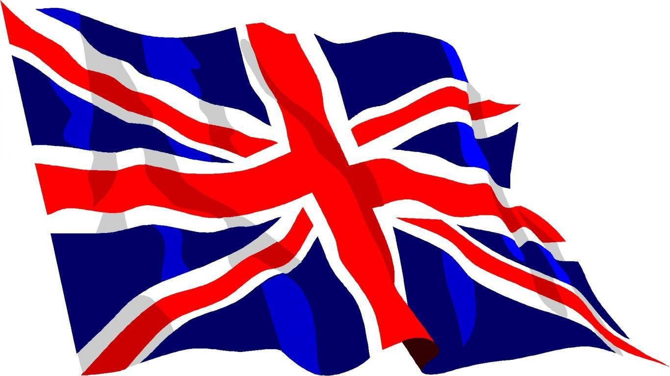 動畫英國國旗海報 壁紙 — 英國國旗在純白背景上動態飄揚，帶有鮮明的紅、白和深藍色。