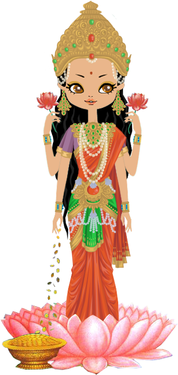 動畫薩拉斯瓦蒂女神插畫 壁紙 — 動漫風格的女神，戴著金色皇冠，穿著紅色紗麗，站在粉紅色的蓮花上，手持粉紅色的花朵，硬幣從她手中掉落。