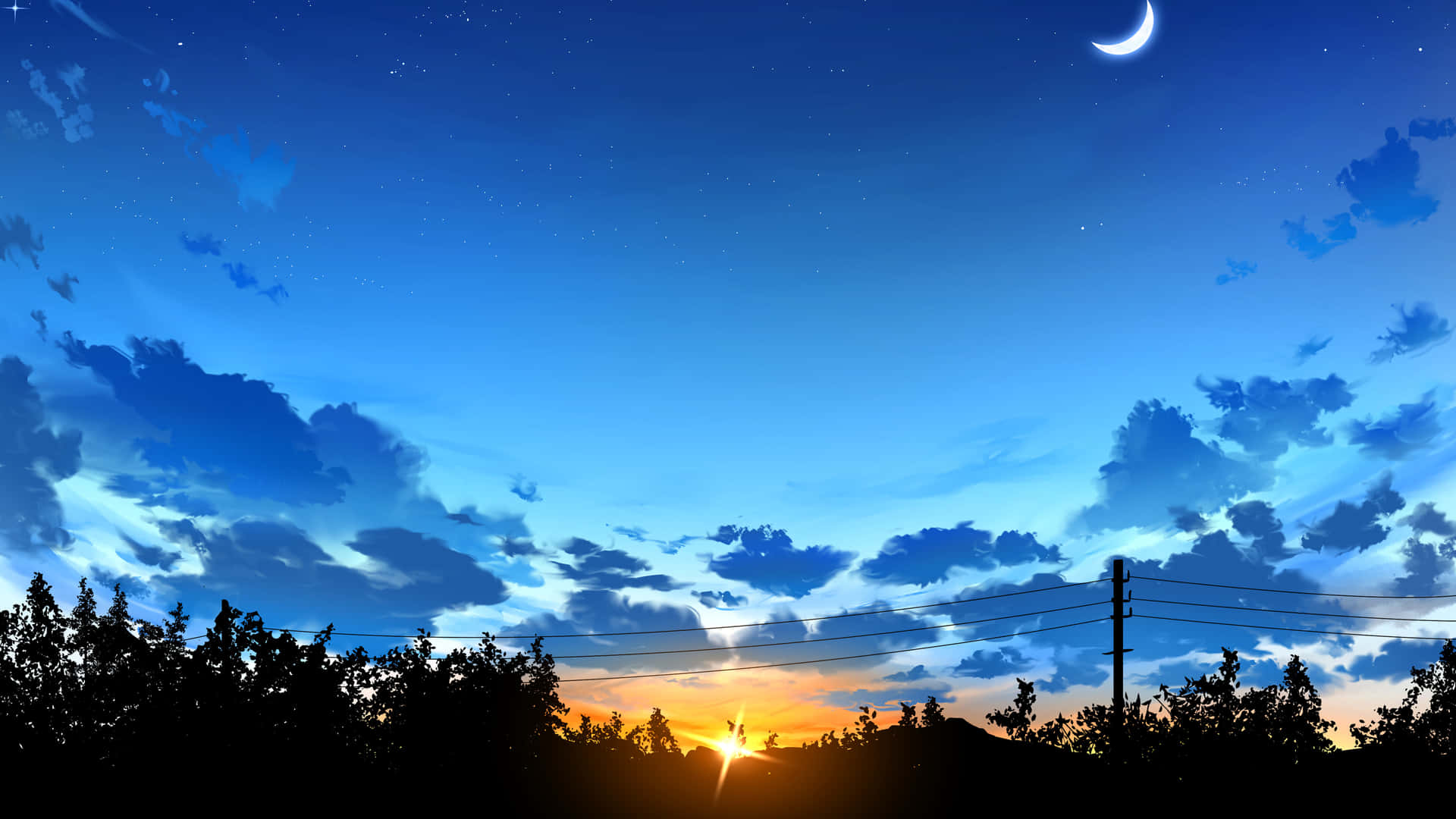 暮色天空，新月、星星、剪影樹木和電線