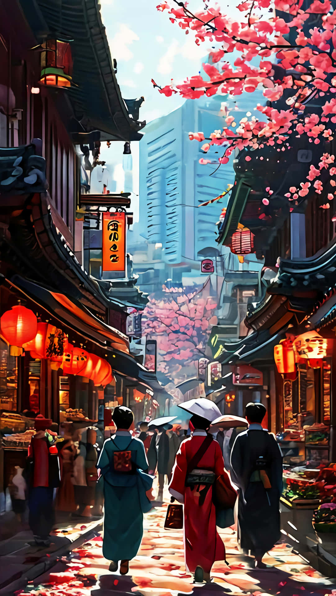 動畫街道 壁紙 — 人們在盛開的櫻花下漫步，穿過一條狹窄的街道，兩旁掛著傳統的日本燈籠和現代摩天大樓。