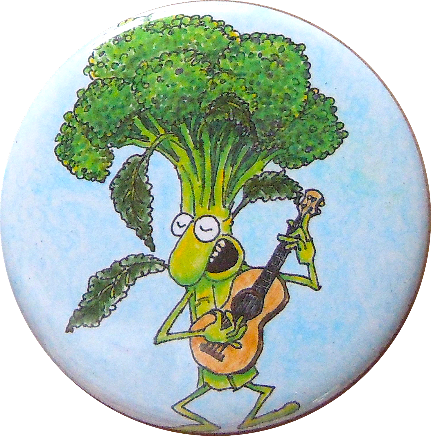 動畫西蘭花彈吉他 壁紙 — 一個開心的西蘭花角色，擁有樹葉般的手臂和腿，在柔和的藍天背景下愉快地彈奏木結他。