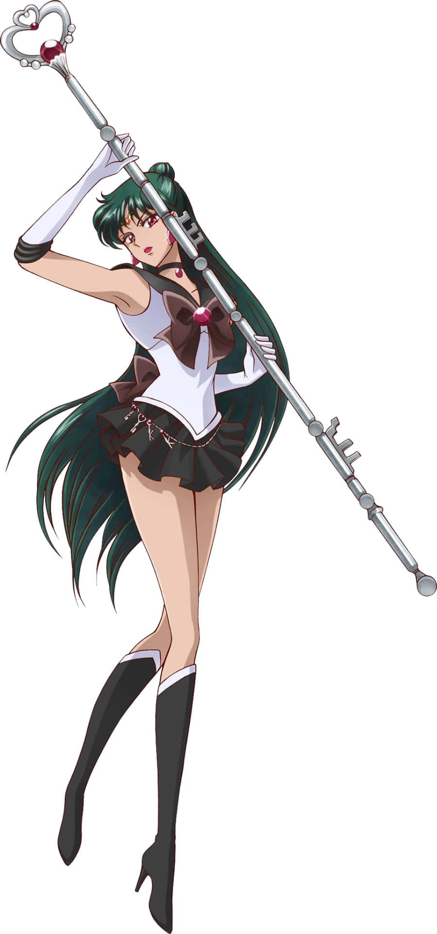 Sailor Pluto 桌布 壁紙 — 動畫角色 Sailor Pluto 手持頂端為心形的長銀杖，站在純白背景前，姿態優雅。