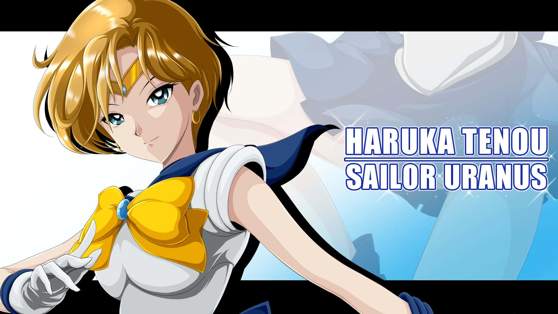 Sailor Uranus 桌布 壁紙 — 動畫角色 Sailor Uranus 穿著她標誌性的白色、藍色和金色水手服，在風格化的藍色背景前擺出自信的姿勢。