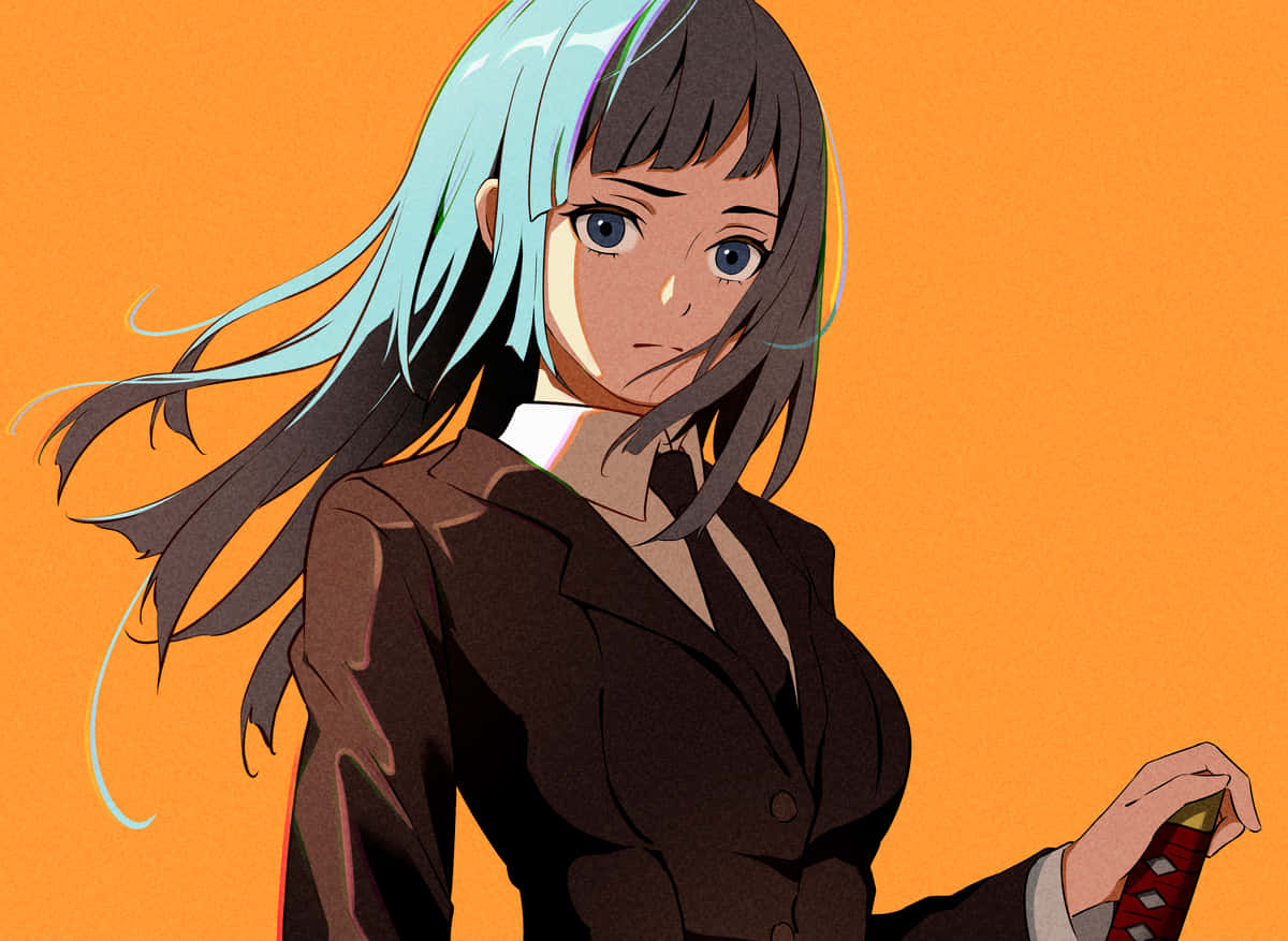 動畫角色：小見美和 壁紙 — 一個堅定的動漫女孩，藍黑頭髮，手持武士刀，背景是鮮豔的橙色。