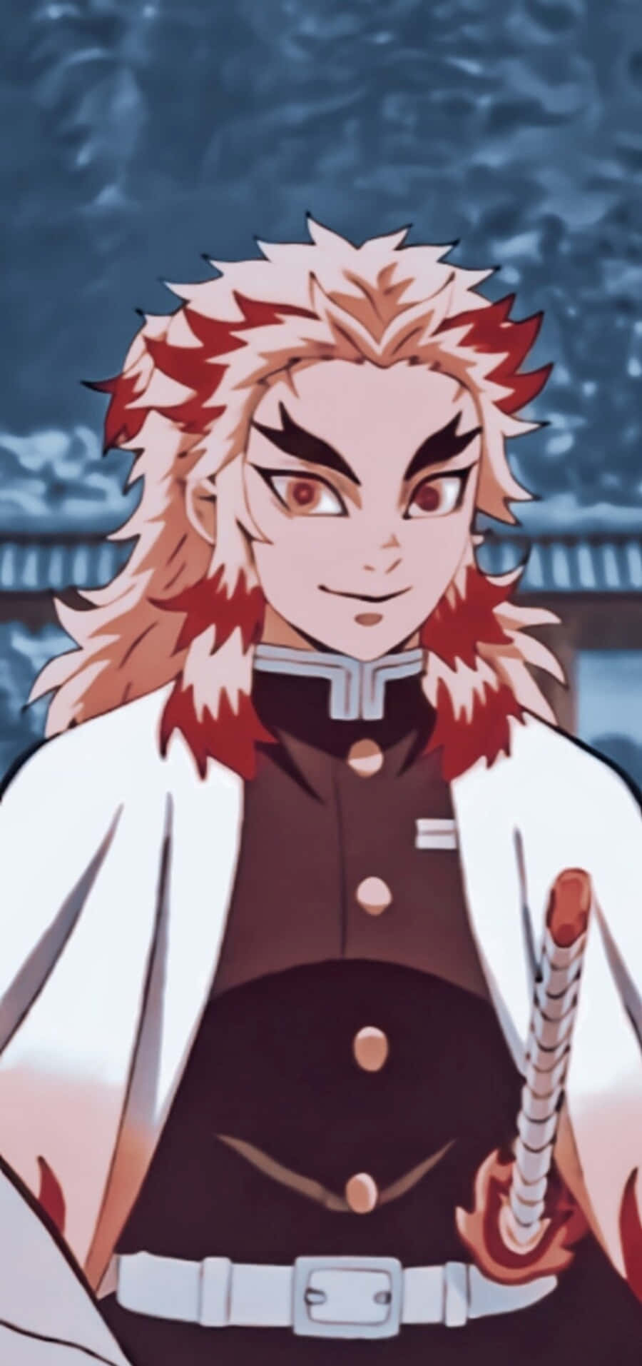 Rengoku Aesthetic 桌布 壁紙 — 動畫角色，擁有火紅與白色頭髮，身穿傳統制服，在黑暗暴風雨的天空背景下手持劍。