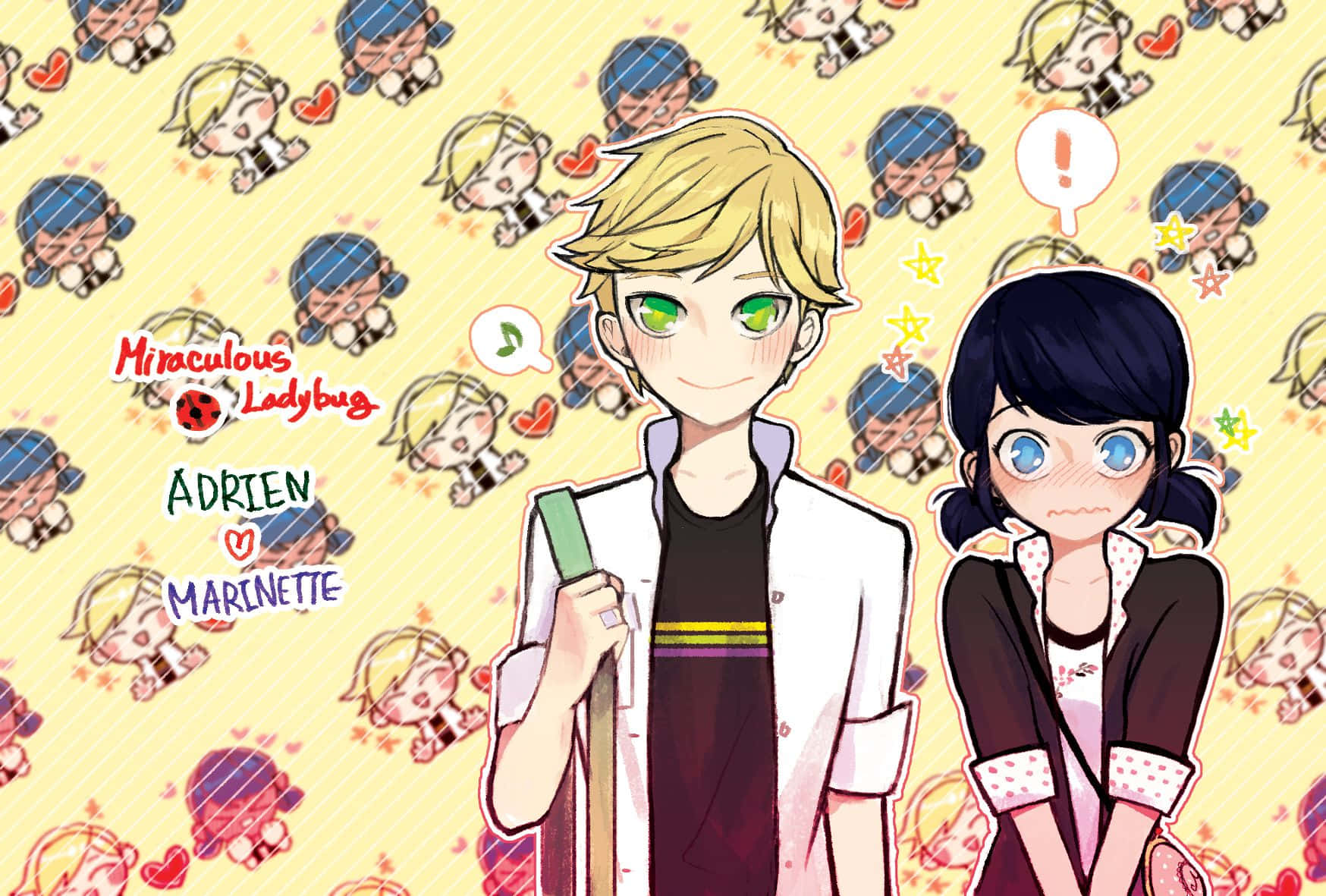 Marinette 桌布 壁紙 — 動畫角色Adrien和Marinette在充滿他們Q版和心形的黃色背景前微笑站立。