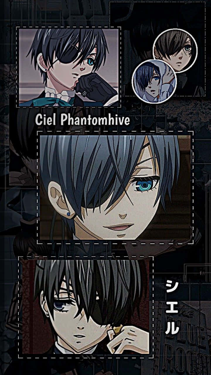 Ciel Phantomhive 桌布 壁紙 — 動畫角色Ciel Phantomhive以多個特寫面板展示，色調陰暗，表情銳利。
