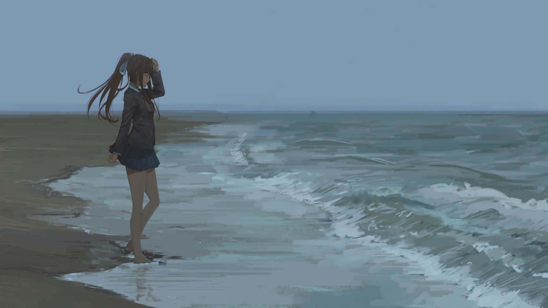 動漫女孩穿著校服，赤腳站在有海浪的海灘上。