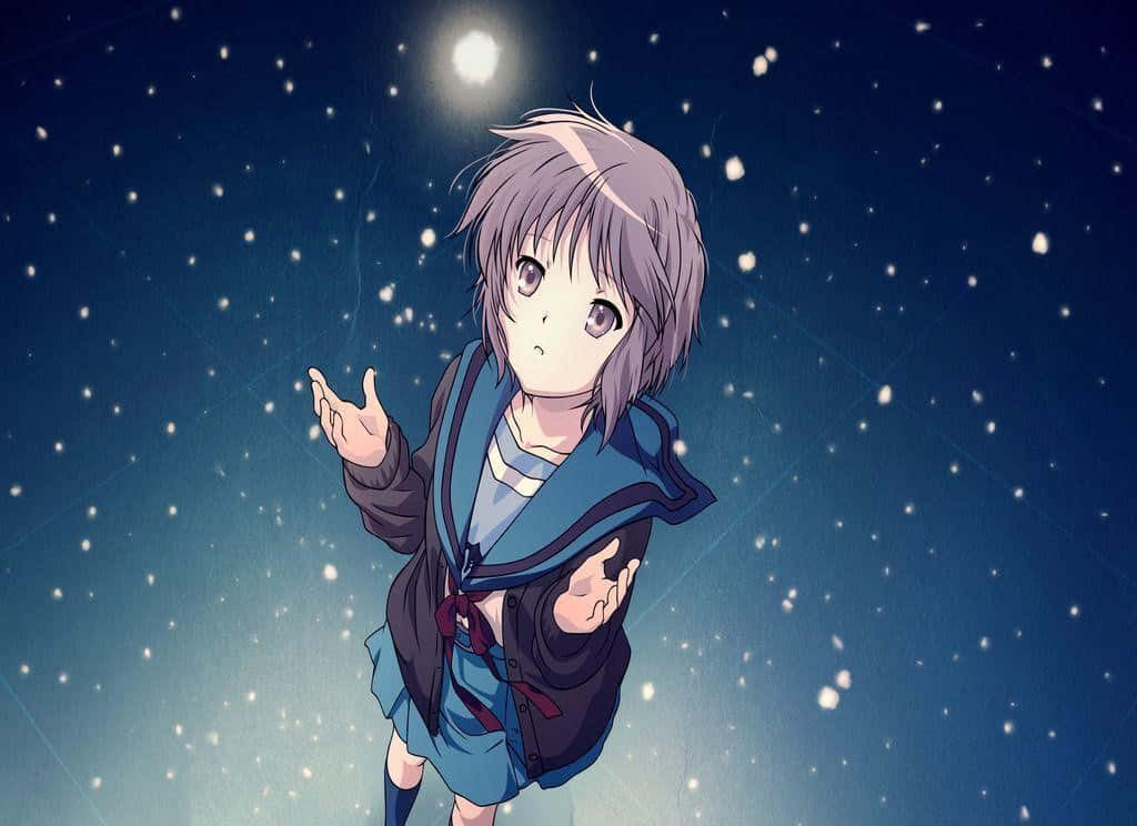 動畫角色Yuki Nagato的動作場景 壁紙 — 一位灰色頭髮的年輕動漫女孩在繁星點點的夜空下，於飄雪中向明亮的月亮伸出手。
