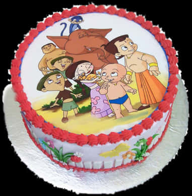 動畫角色主題蛋糕 壁紙 — 一個圓形生日蛋糕，上面有來自 Chhota Bheem 的彩色卡通人物，並以紅色糖霜邊裝飾。
