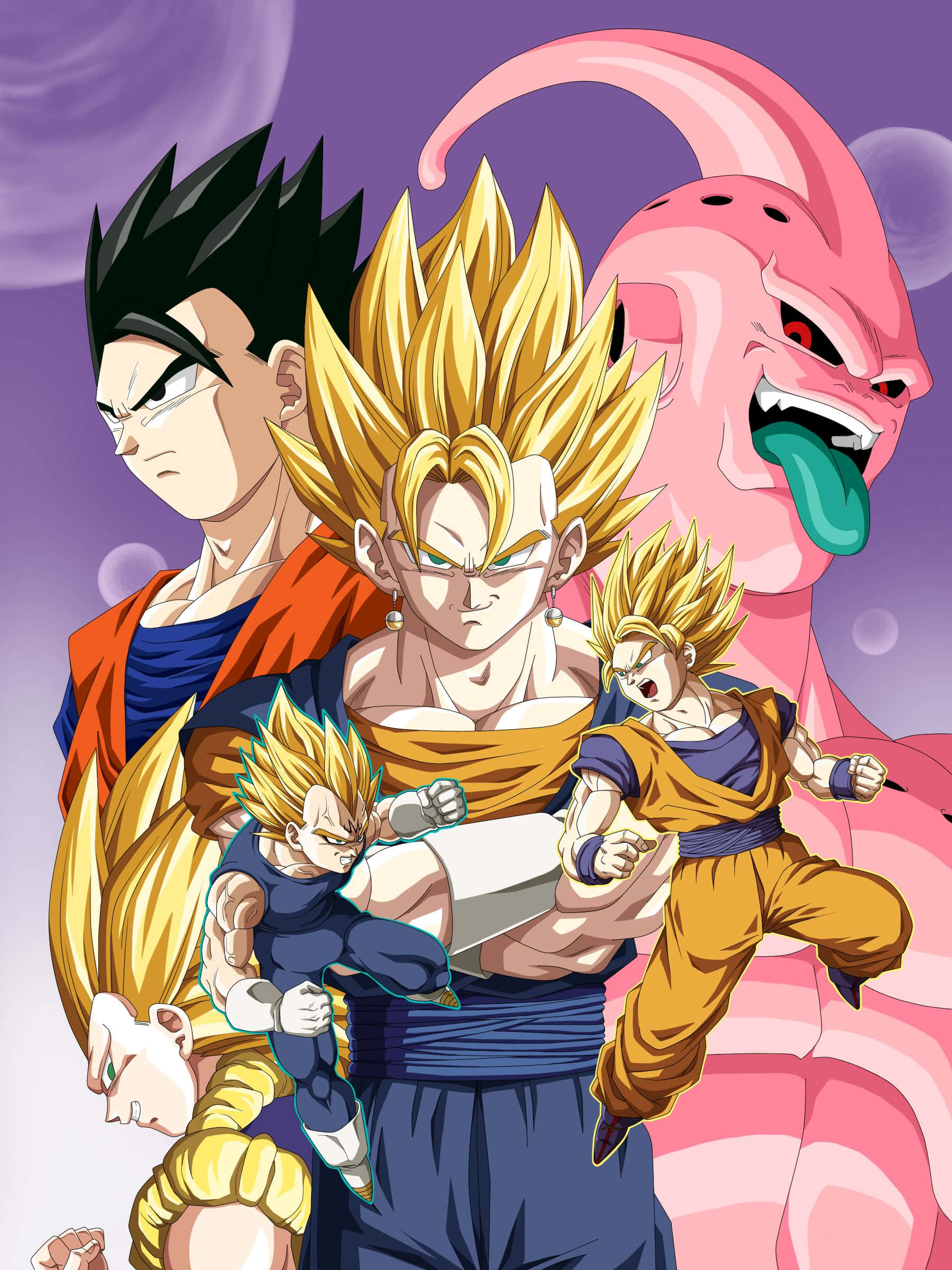 Buu Saga 桌布 壁紙 — 動畫角色以超級撒亞人形態在紫色宇宙背景下動感擺姿勢，身後有粉紅色惡魔若隱若現。