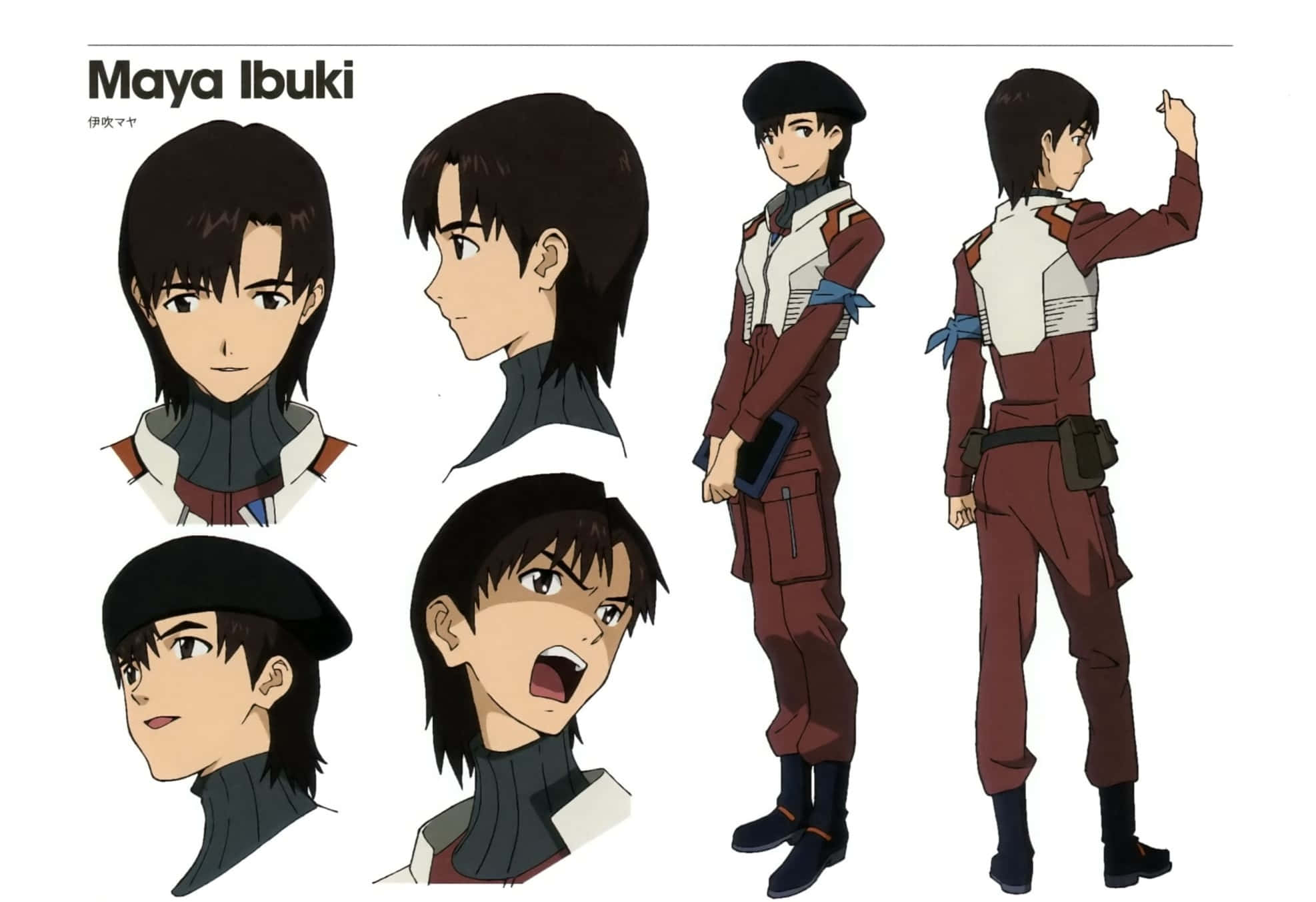 Maya Ibuki 桌布 壁紙 — 動畫角色伊吹麻耶以多種姿勢展示，身穿栗色和白色制服，頭戴黑色貝雷帽。