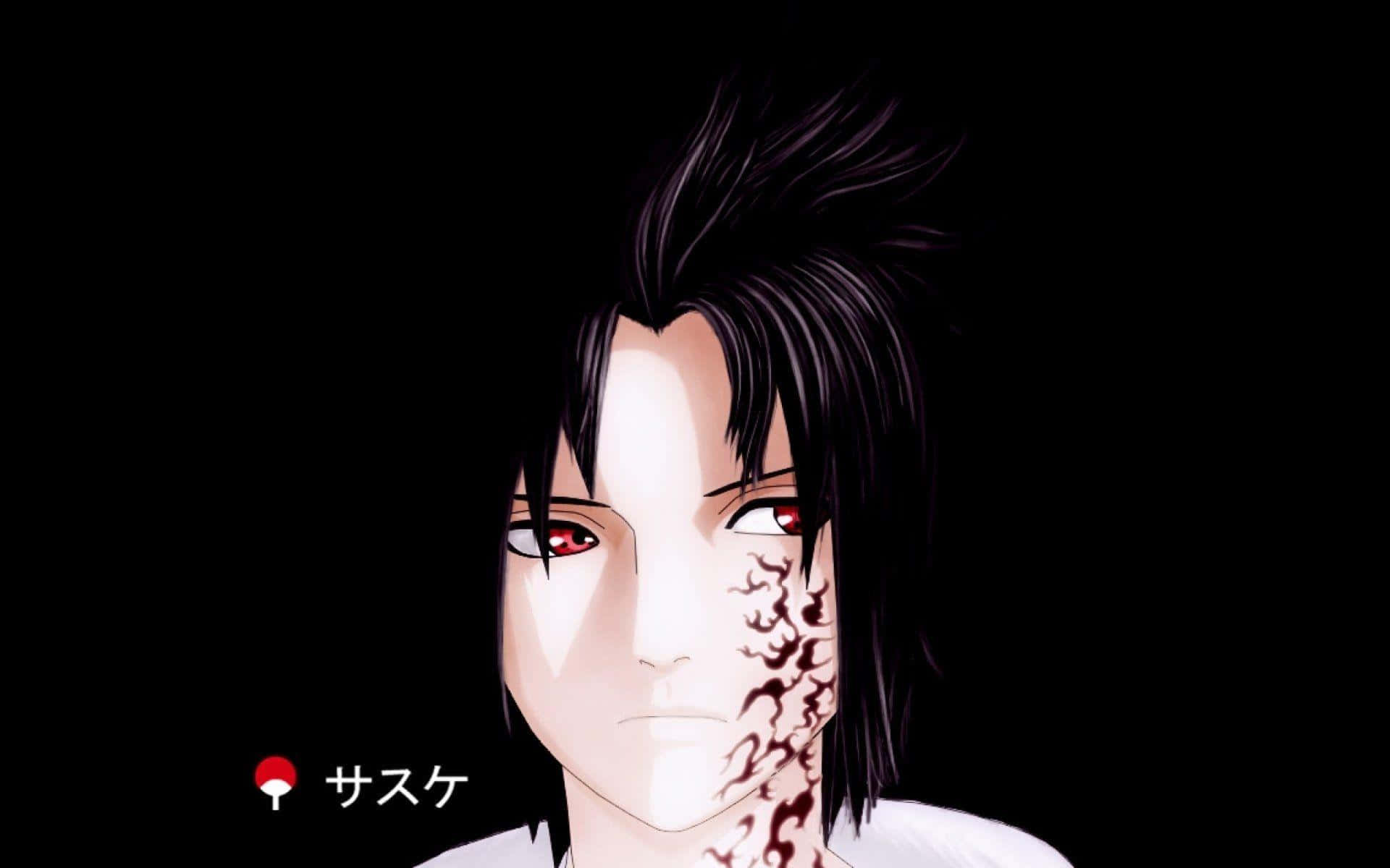 Sasuke Uchiha Cursed Mark 桌布 壁紙 — 動畫角色佐助，紅眼睛，臉上帶有黑色查克拉印記，背景為深色。