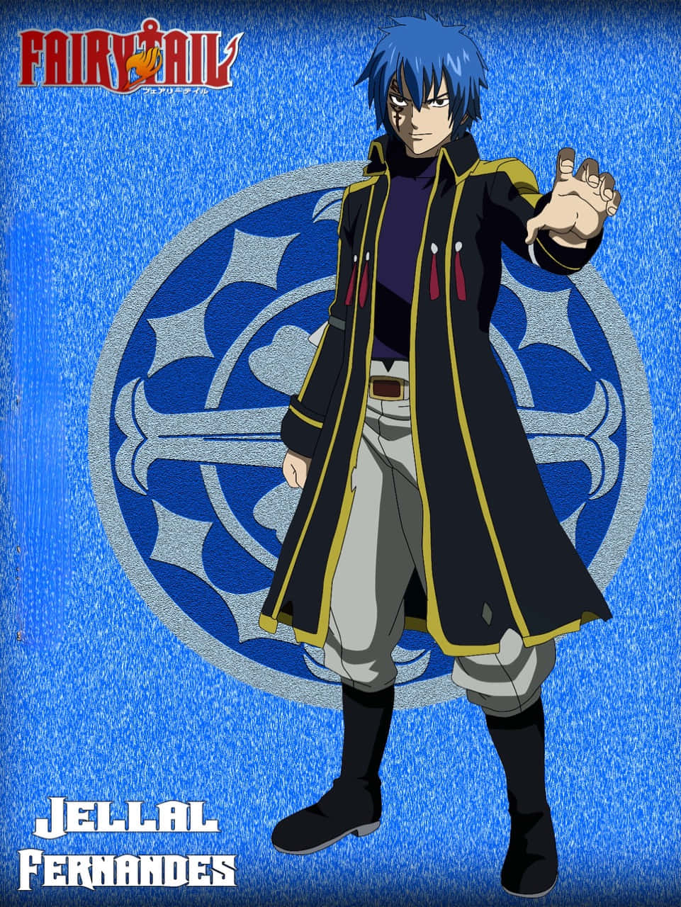 Jellal Fernandes 桌布 壁紙 — 動畫角色傑拉爾·費爾南迪斯自信地站立，身穿金色飾邊的黑色外套，背景為帶有圓形徽章的藍色紋理背景。