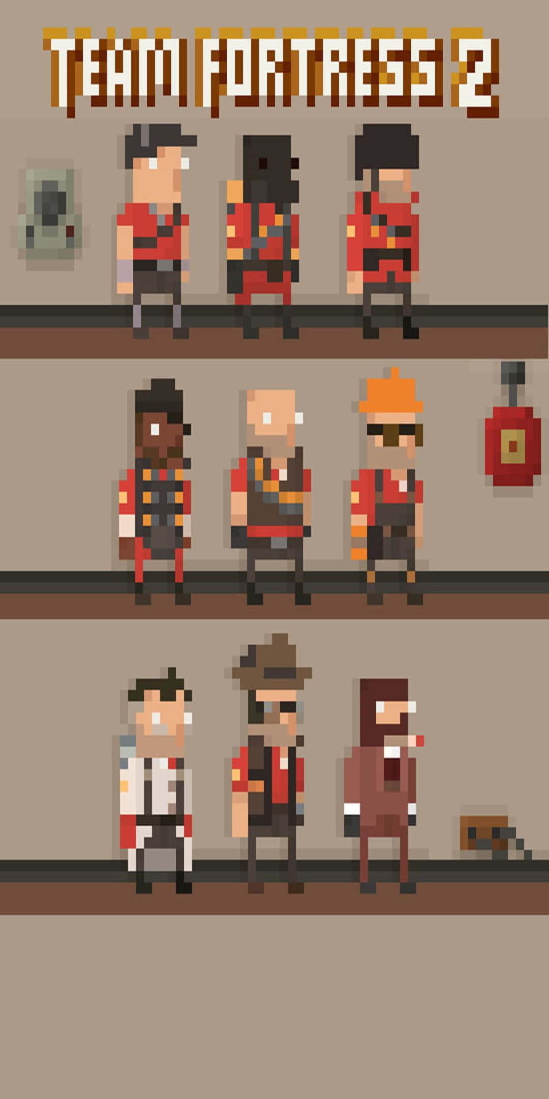 動畫角色像素3 TF2背景 壁紙 — 《Team Fortress 2》的像素藝術角色在純米色牆前排成三行，上方有遊戲標誌。