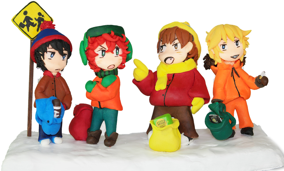 動畫角色冬季場景 壁紙 — 四個穿著冬季裝備的Q版動漫角色站在雪地上，旁邊有一個行人過路標誌。