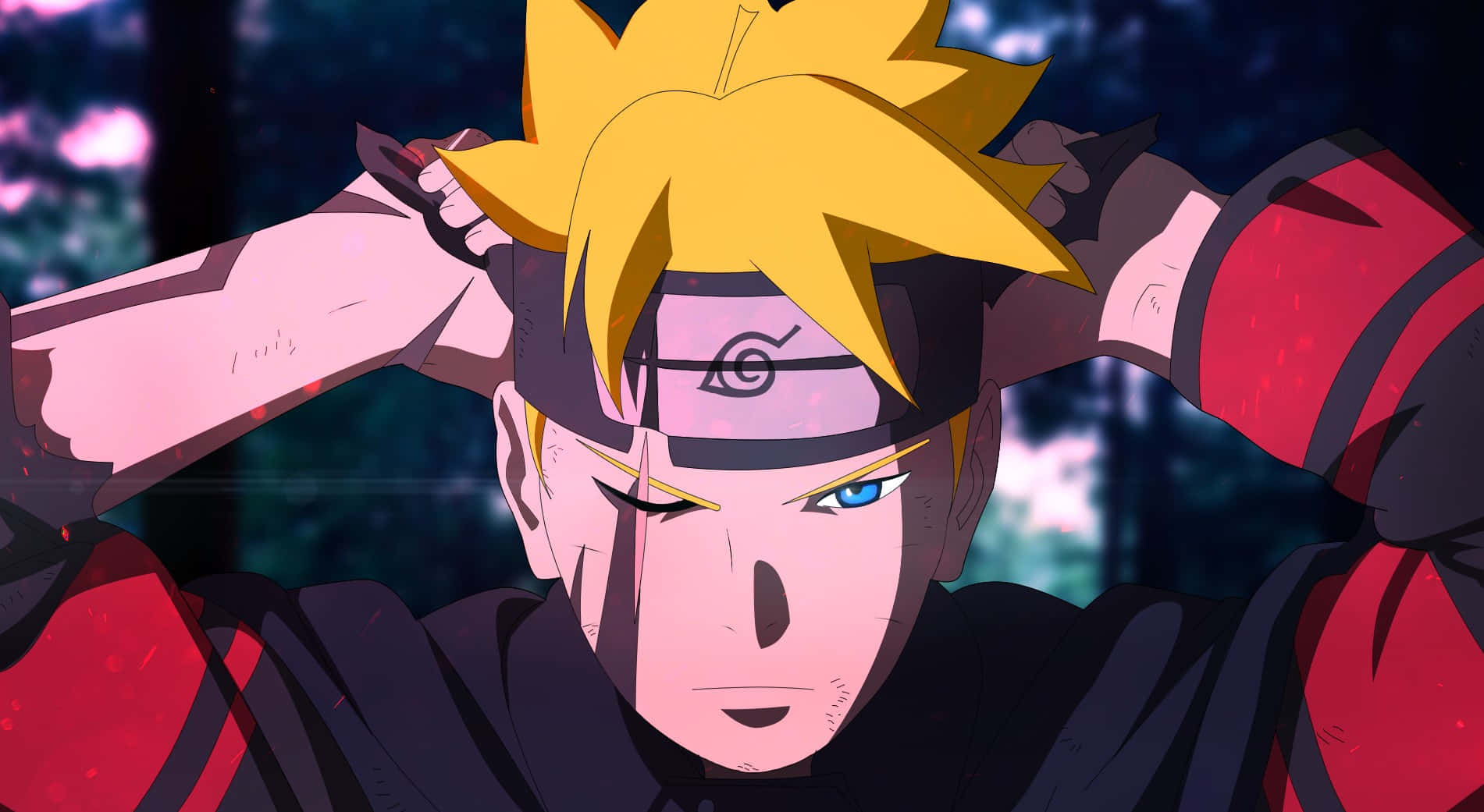 Boruto Naruto Next Generations 桌布 壁紙 — 動畫角色博人，擁有尖刺金髮和藍色眼睛，在緊張的森林場景中緊握頭帶。