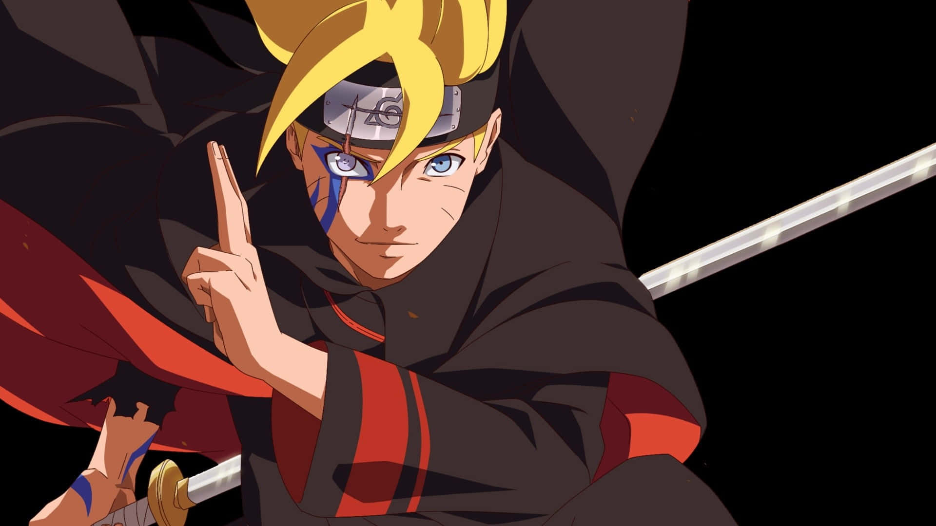 Naruto Black 桌布 壁紙 — 動畫角色博人穿著帶有紅色點綴的黑色斗篷和藍色眼睛，在黑暗背景下結手印。