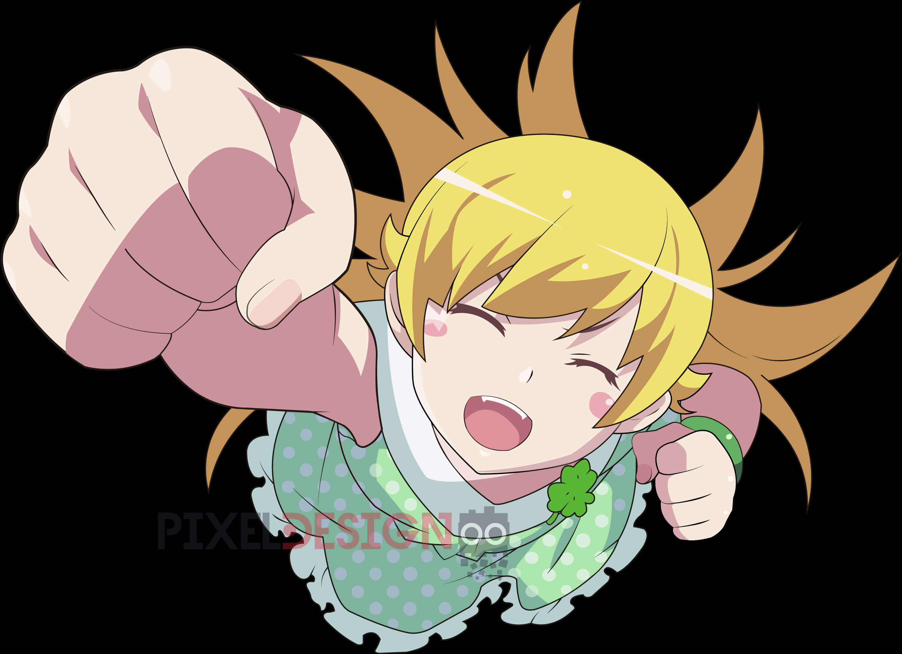 動畫角色向前揮拳 壁紙 — 一個開心的動漫女孩，金色尖刺頭髮，在黑色背景前帶著堅定的笑容向前揮拳。