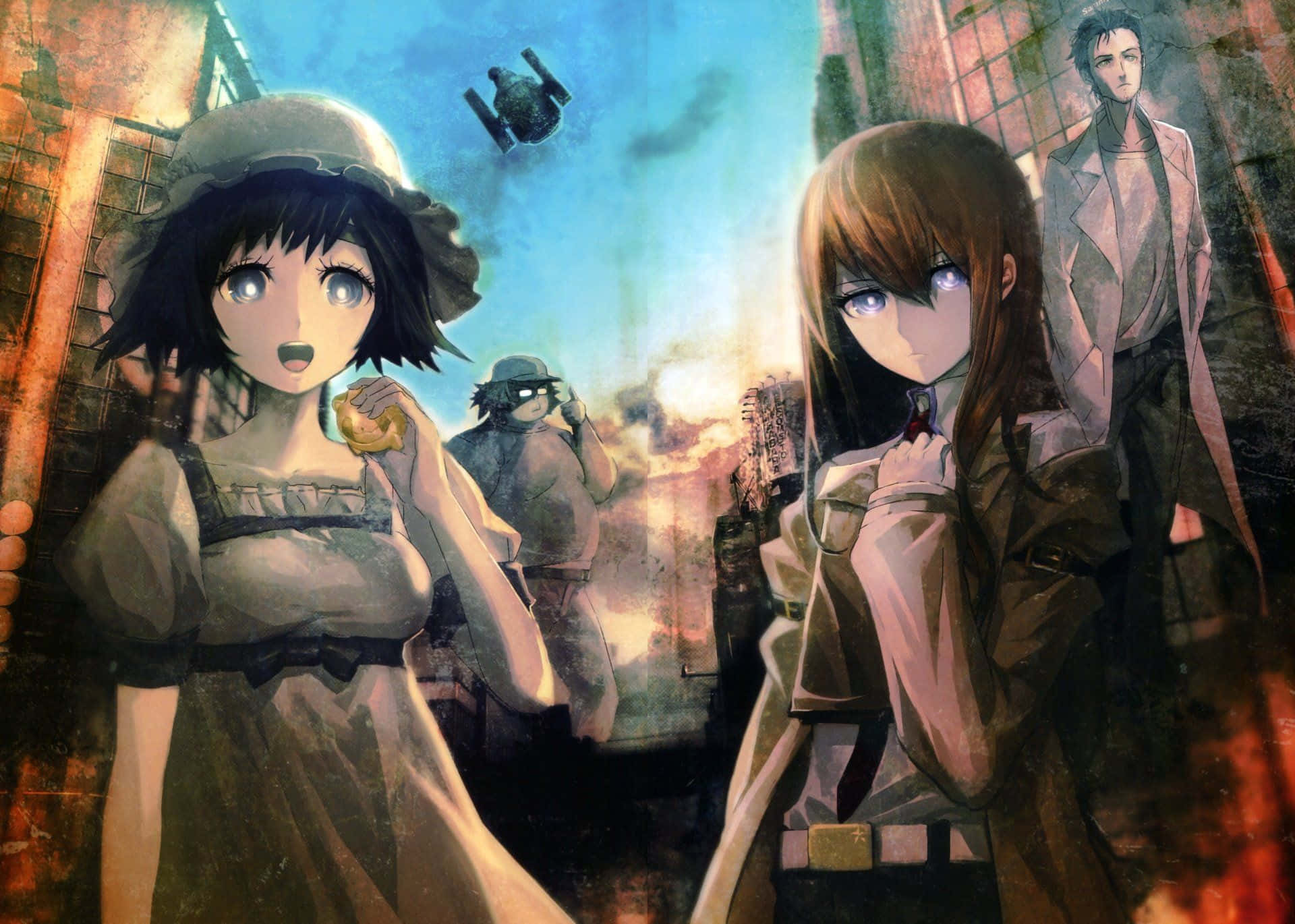 Steins Gate 桌布 壁紙 — 動畫角色在戰火摧殘的城市中，天空有飛行的機甲，背景有熾熱的爆炸。