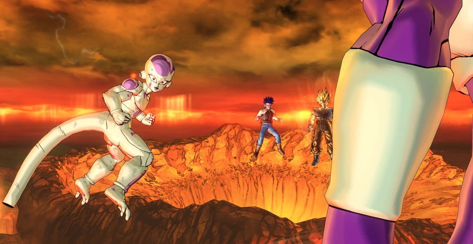 Dragon Ball Xenoverse 2 桌布 壁紙 — 動畫角色在戲劇性的橙色夕陽天空下，在熾熱的岩石星球上戰鬥。