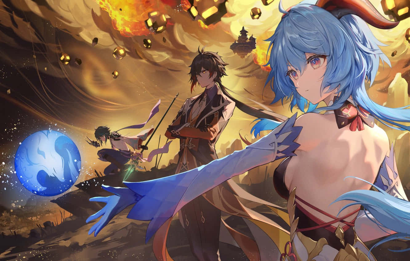 Genshin Impact Ganyu 桌布 壁紙 — 動畫角色在旋轉的天空下，於熾熱的爆炸和漂浮的金色立方體中戰鬥。