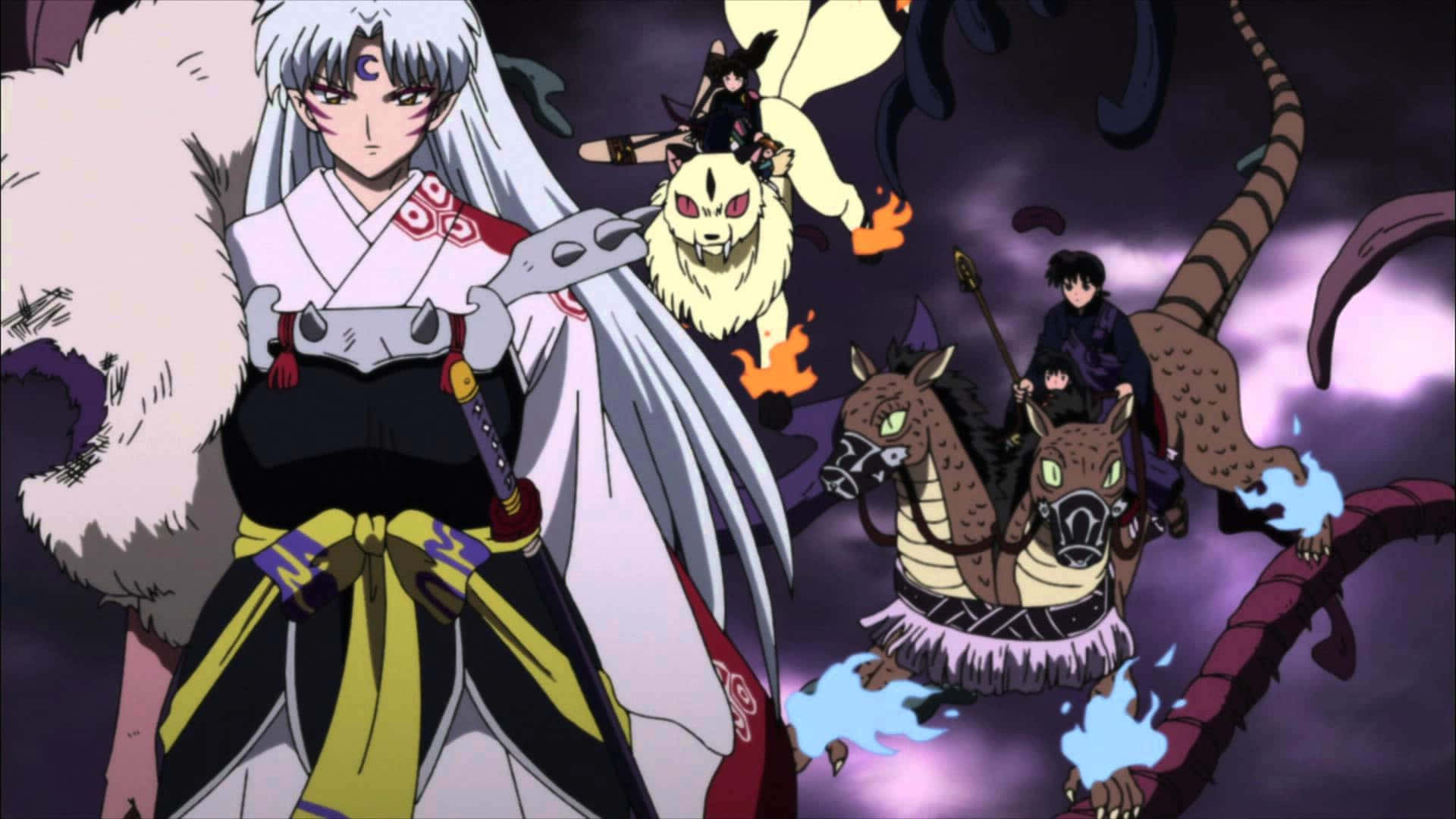 Sesshomaru 桌布 壁紙 — 動畫角色在暴風雨紫色天空下與惡魔生物戰鬥，帶有火焰和冰凍效果。