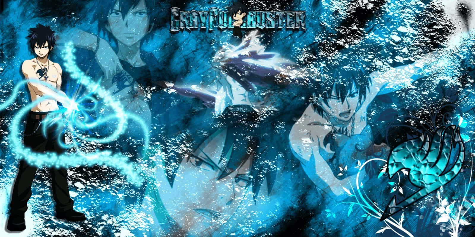 Gray Fullbuster 桌布 壁紙 — 動畫角色在洶湧的水背景中以發光的藍色能量戰鬥。