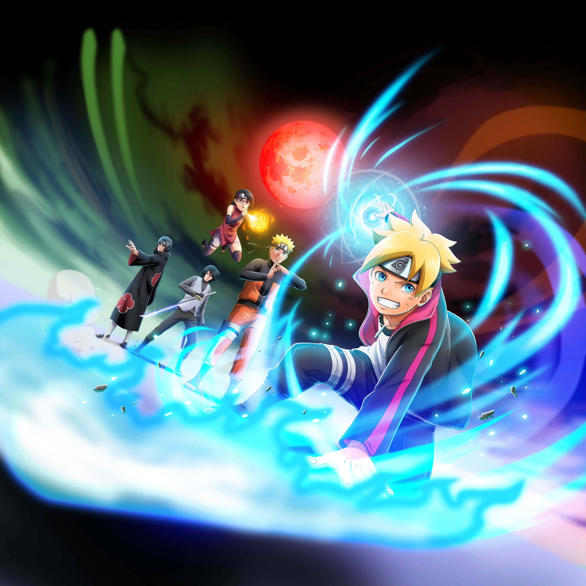 Ninja World 桌布 壁紙 — 動畫角色在黑暗旋轉的背景前，於紅月前以發光的藍色查克拉戰鬥。