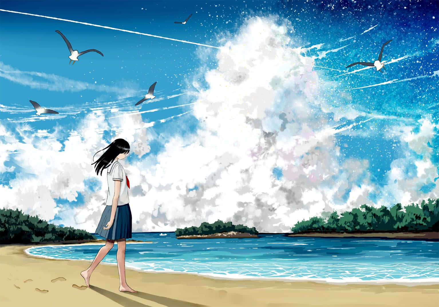 穿著校服的女孩在海灘上赤腳行走，海鷗在頭頂飛翔。