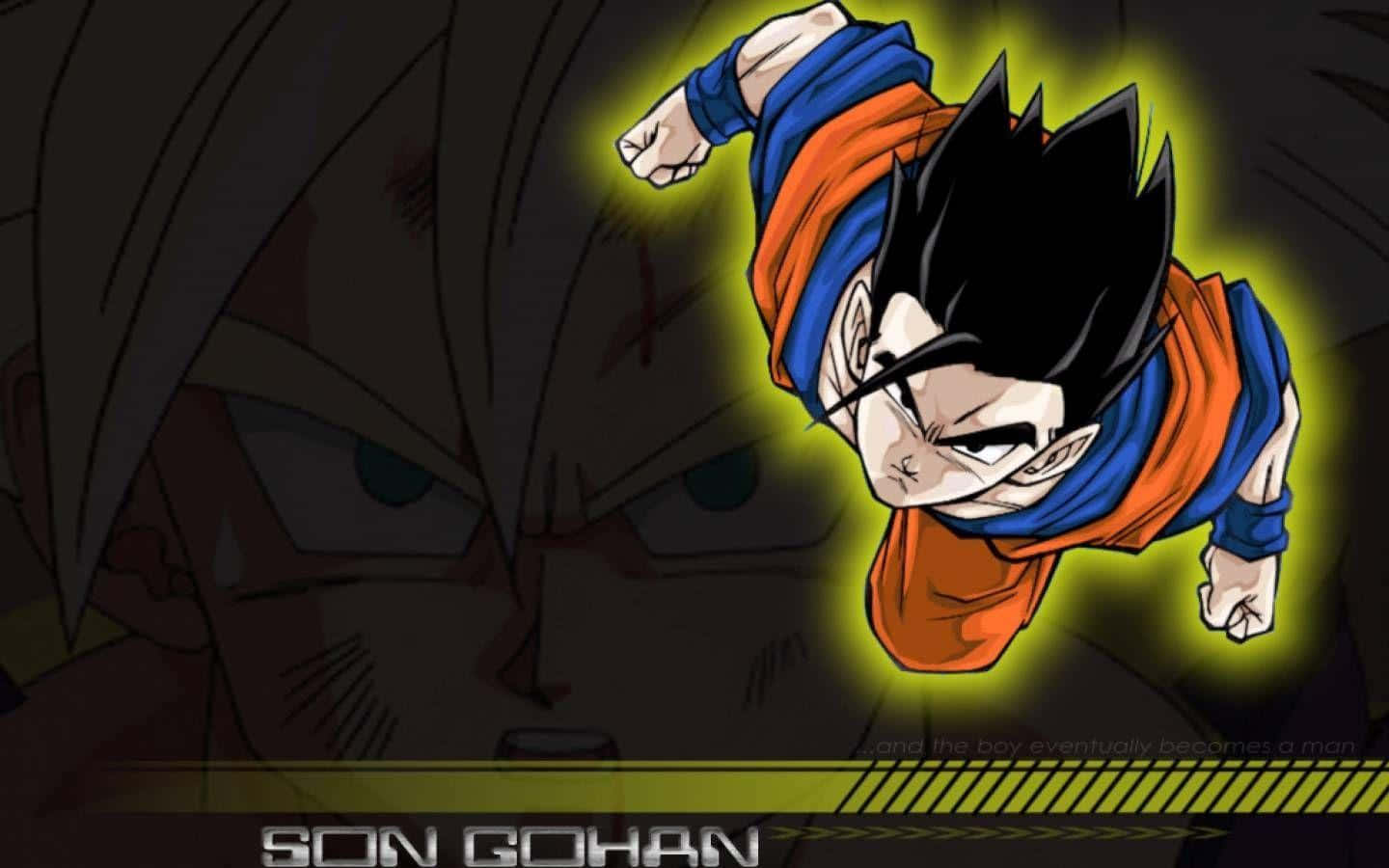 Mystic Gohan 桌布 壁紙 — 動畫角色孫悟飯穿著橙色和藍色道服，在模糊臉孔的黑暗背景前，帶著發光的氣場向前飛翔。